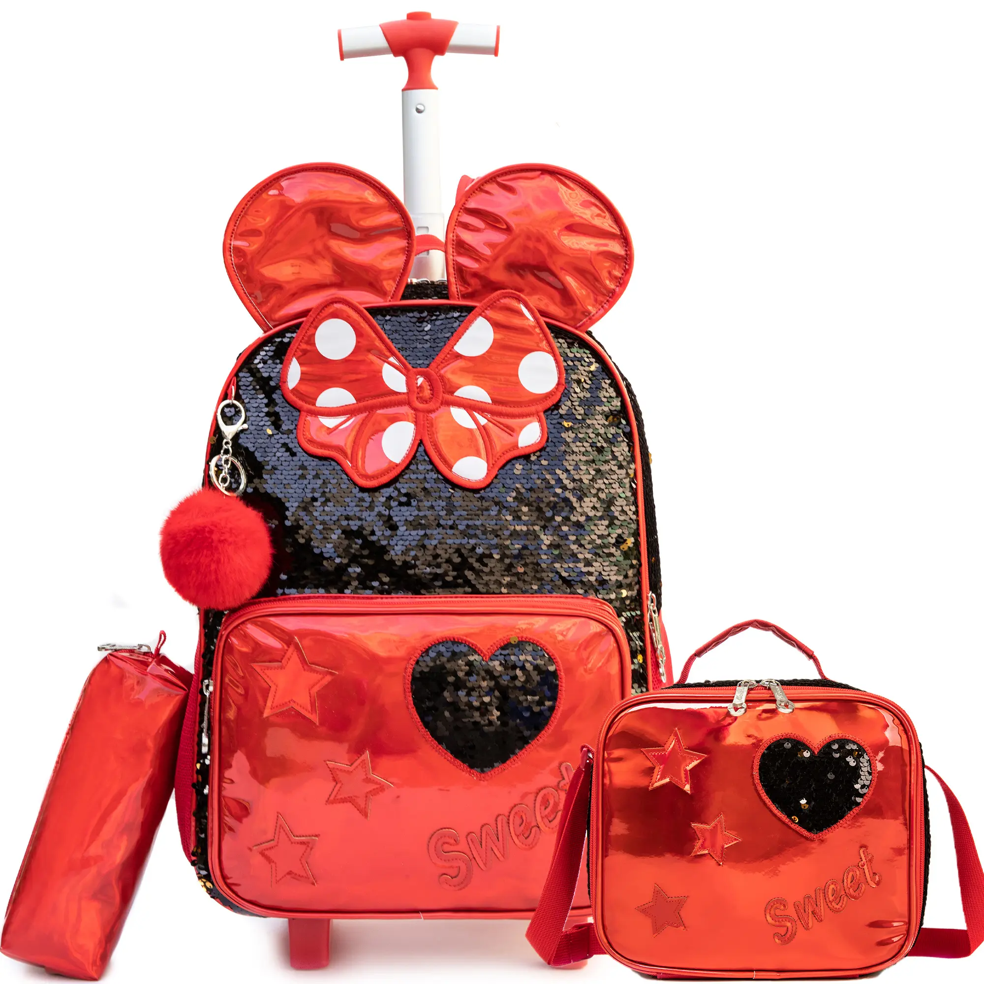Girls' 2026 Trending Kawaii Sweet Chic 3-in-1 Nylon Trolley Backpack Set - Large Capacity, Wheels + Handle, Dustproof, Cute Theme, Ages 8-10, for School Travel, School Days, Trolley Bag