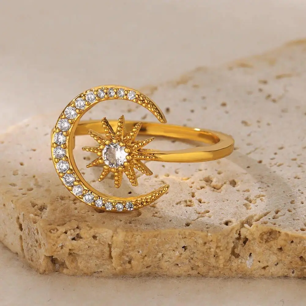 Dainty Zircon Stars Crescent Moon Rings for Women Stainless Steel Gold Color Geometric Wedding Ring Aesthetic Wedding Jewelry