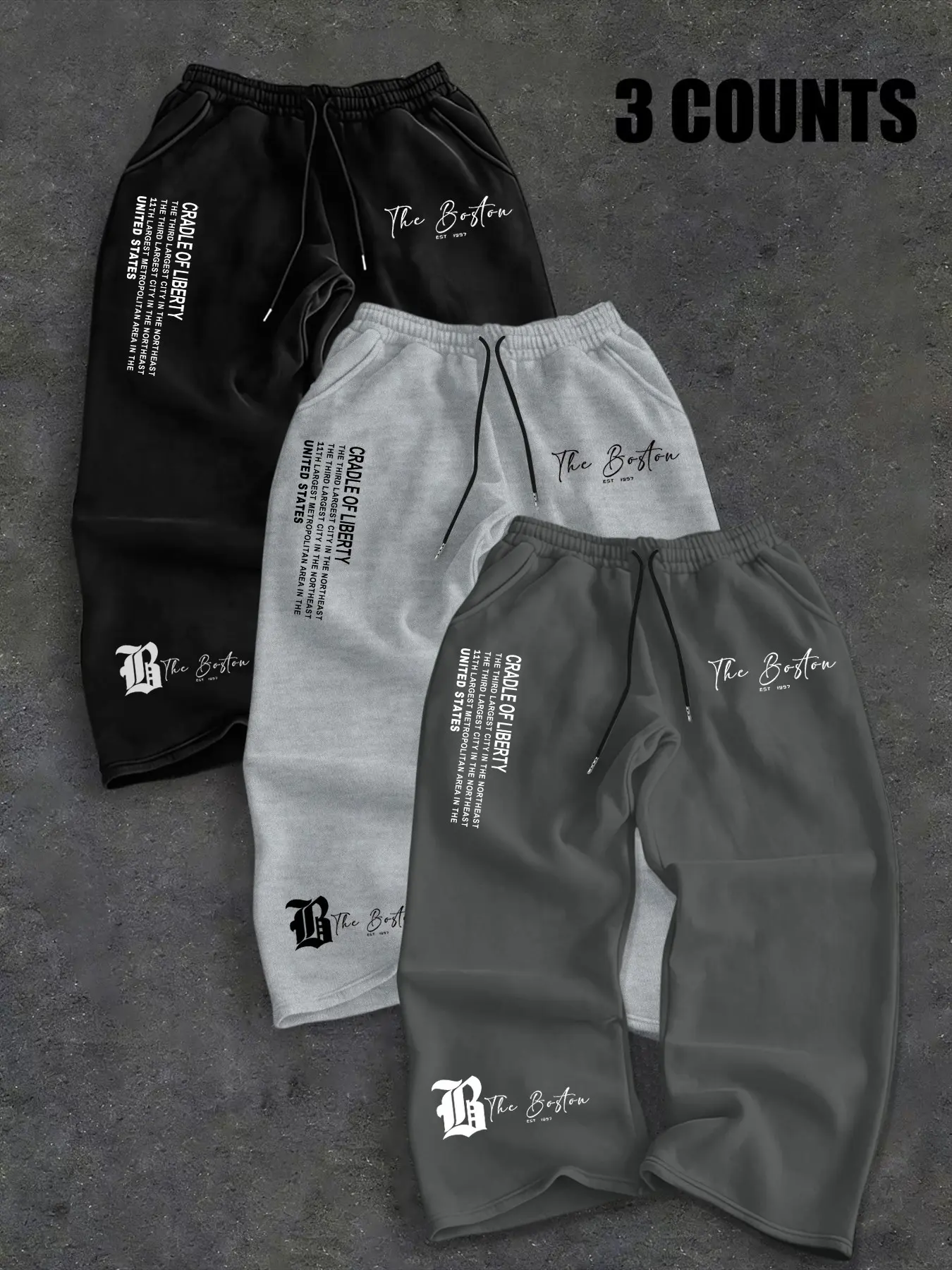 3-Pack Streetwear Loose Straight Leg Sports Pants, the Boston City Slogan Wide-Leg Sweatpants, Casual & Versatile for All Seasons, Casual Athleisure Design Pants