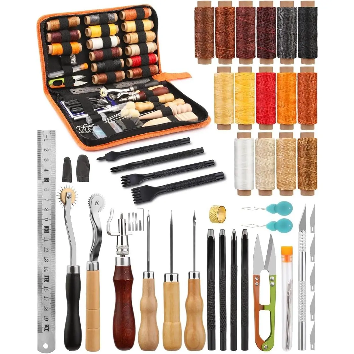 Practical Leather Working Tools Leather Craft Kit with Waxed Thread Groover Awl Stitching Punch Hole, Ideal for Leathercraft Beginners and Great DIY Gifts for Adults