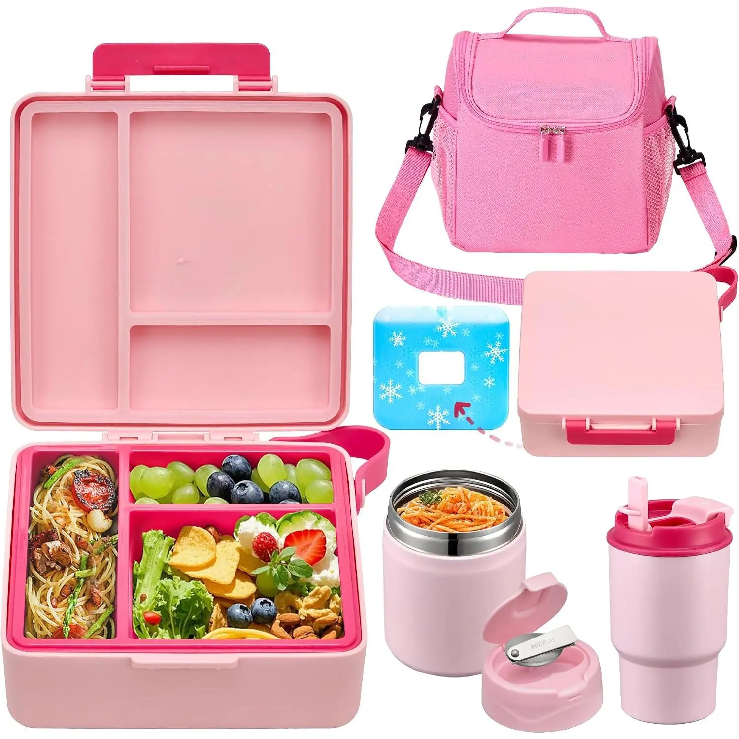 Bento Lunch Box for  with 17oz Soup Thermo,Insulated Tumbler Water Bottle and Insulated Lunch Bag,Leak-Proof 3 Compartment Lunch  Container with Ice Pack for  to School-