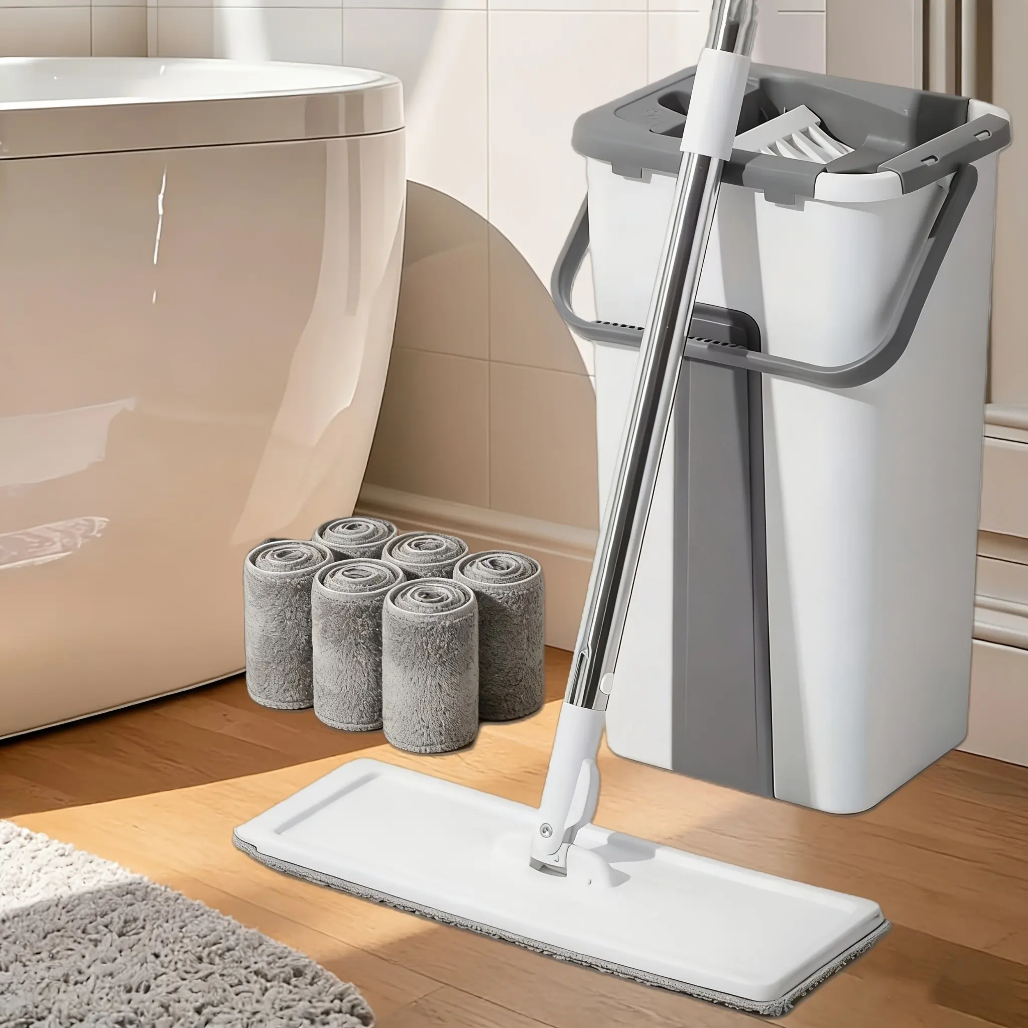 Hands-Free Flat Mop And Bucket Cleaning System, Complete Home Floor Mop Set with 3/6 Washable Microfiber Pads, Efficient Dust & Dirt Removal for Hardwood Floors