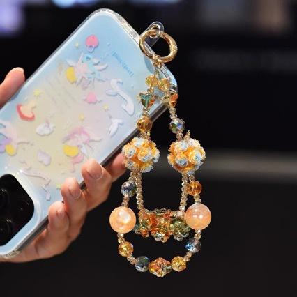 Heavy-duty glass crystal bead DIY pendant, sparkling gemstone double-chain detachable accessory for phone and bag