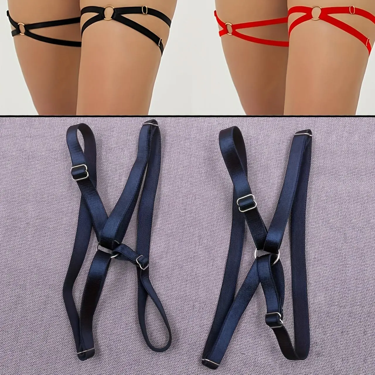 2pcs Women'S Black Elastic Thigh Garter Belts with Adjustable Cross Straps - Punk Gothic Style, Stretchy Leg Bands for Parties, Weddings, Casual Outings & More
