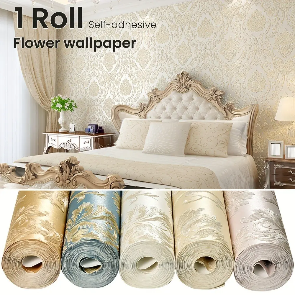 Peel and Stick Wallpaper, European Damask Embossed, Self-Adhesive Wall Sticker, Vintage Floral Textured, 5 Colors, DIY Decor