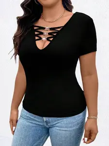Plus Size Deep V Cross Front Tie Pearl Button Short Sleeve T-Shirt, Slim Fit Waist Pure Color Elastic Knit Top, Versatile Elegance Fashion Tee