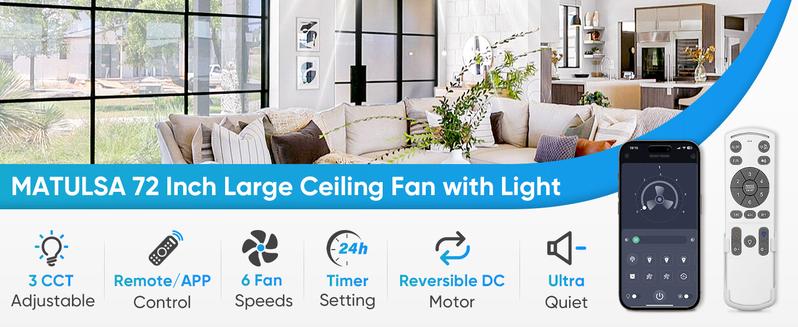 Large Ceiling Fans with Lights and Remote/APP Control, Indoor Outdoor Black Ceiling Fan for Kitchen, Living Room, Patio, 6 Speeds Reversible Quiet DC Motor, 8 Blades