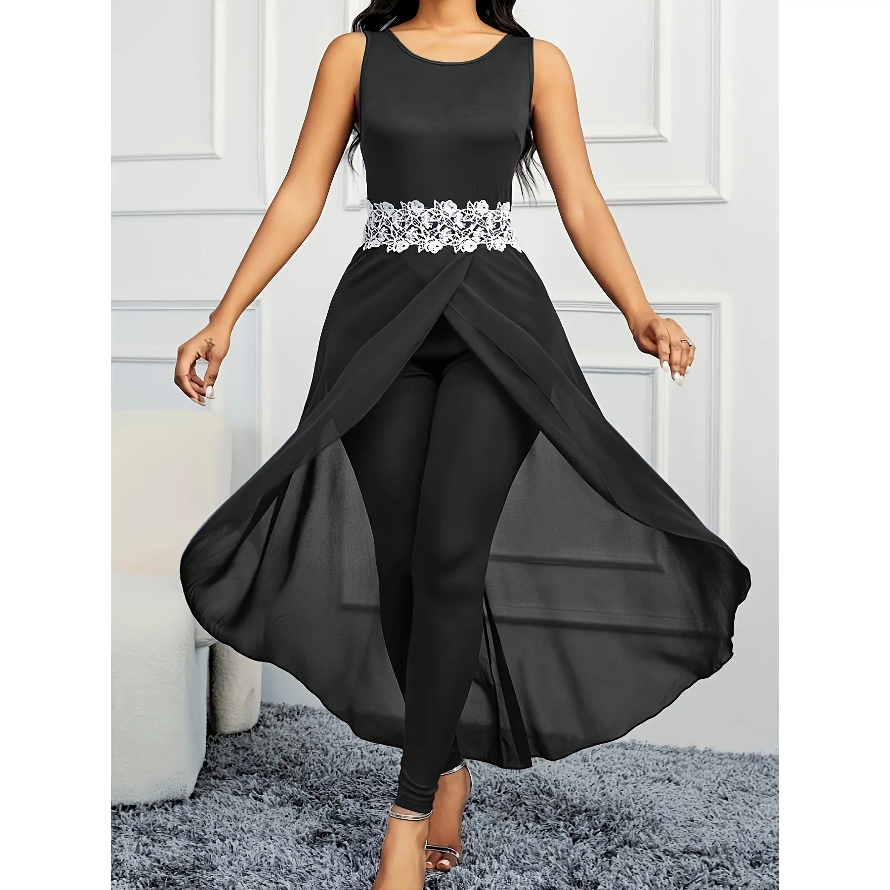 Casual Chiffon Spliced Backless Bodycon Jumpsuit for Women