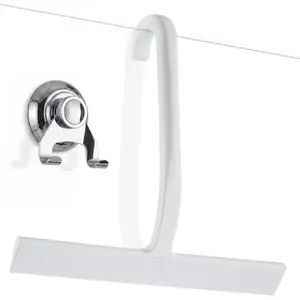 Shower Squeegee for Glass Doors – Bathroom Squeegee for Shower Glass & Tile Walls, Streak-Free & No-Squeak Silicone Blade, Stainless Steel Core, Hang Hook + Suction Cup, White, 10 Inch