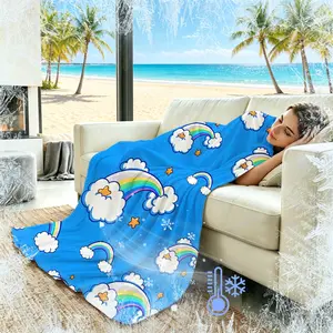Cartoon Rainbow Cloud Cooling Blanket, Soft Microfiber, Q-MAX>0.3, Cool Breathable Sweat Wicking, Lightweight Portable, Perfect Gift for All Occasions