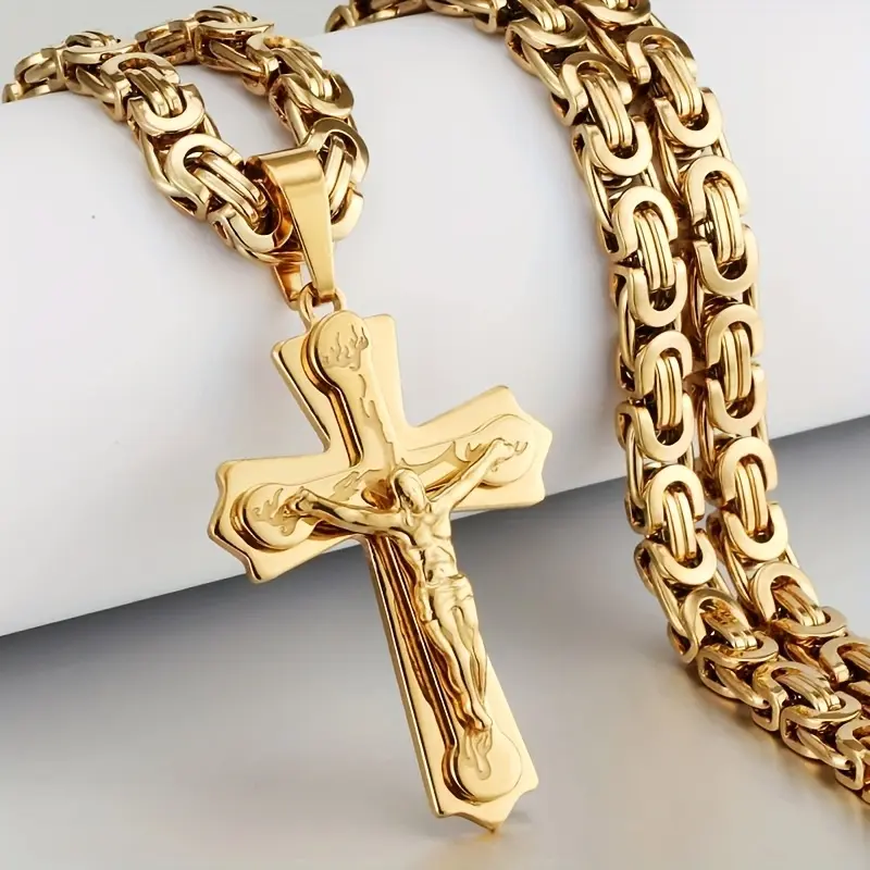 Men's Stainless Steel Cross Pendant with Byzantine Chain Necklace, Men's Necklace Jewelry