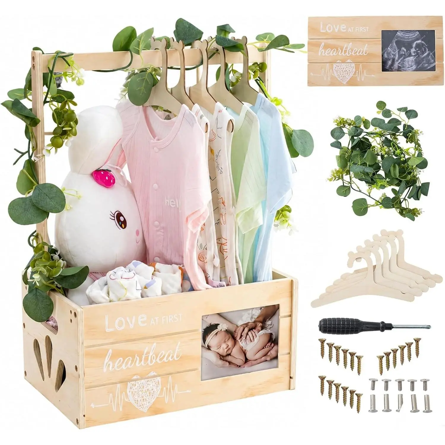 Wooden Baby Shower Crate Closet, Personalized Basket with Wreath & Hanger, Love at First Sight Sonogram Frame, Easy Assembly Baby Clothes Storage Box, Pregnancy Gift(Gift)