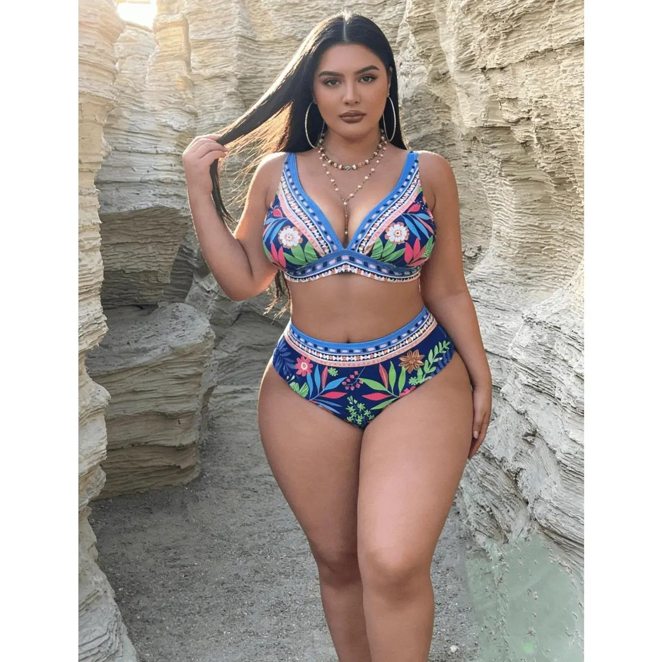 Women's High Waisted Bikini Sets - Plus Size All Size Swim, Vibrant Bohemian Leaf Pattern Body Curve Bikini Sets, V-Neck, Cheeky Cut, Backless Breathable Polyamide Swimsuit, Machine Washable Pool Ready Curvy Fit for Pool Parties