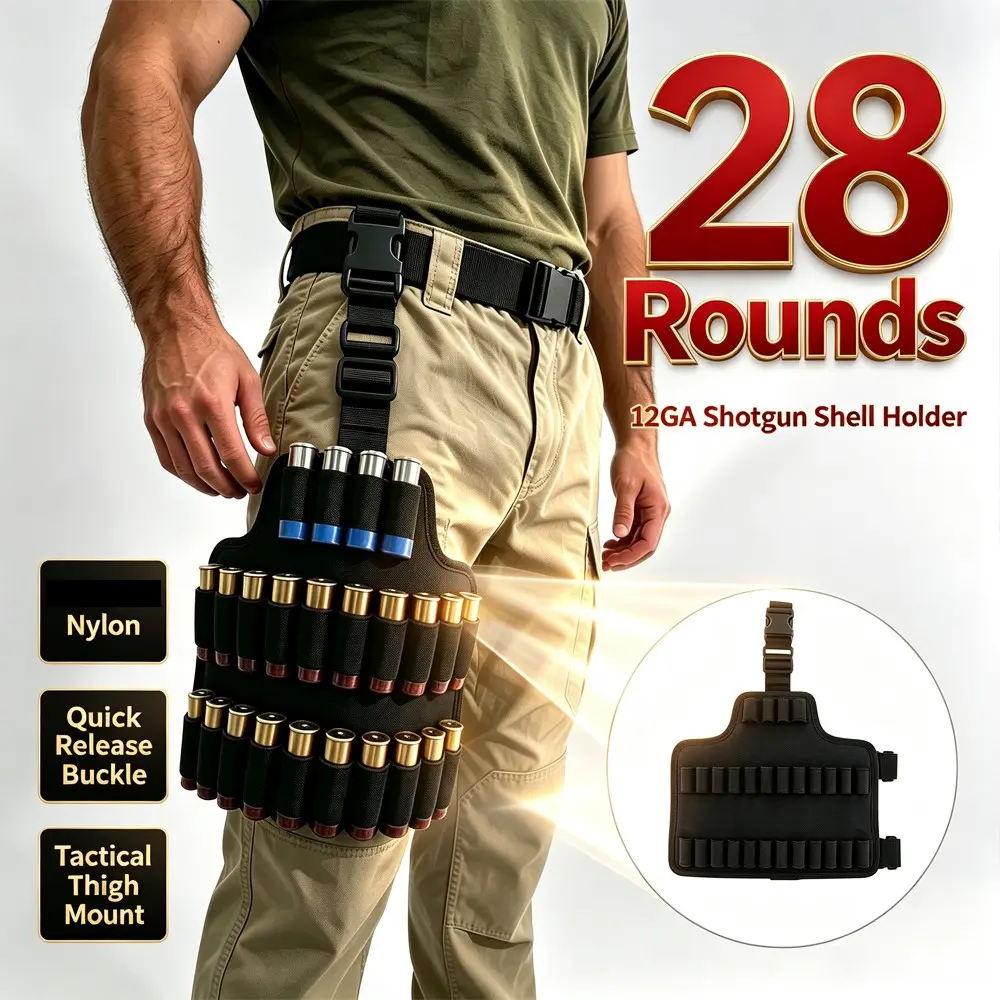 Drop-Down Shotgun Shell Storage Bag, 12 Gauge 28 Rounds Carrying Case, Rifle Magazine Holder with Adjustable Thigh Strap, Quick Release Buckle, Tactical Thigh Mount