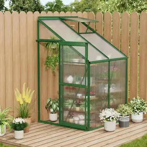 4x4 FT Lean-to Walk-in Greenhouse for Outdoors,Polycarbonate Portable Wall-Mounted Outdoor Green House with Sliding Door,Adjustable Roof Vent & Rain Gutter, Green/Silver
