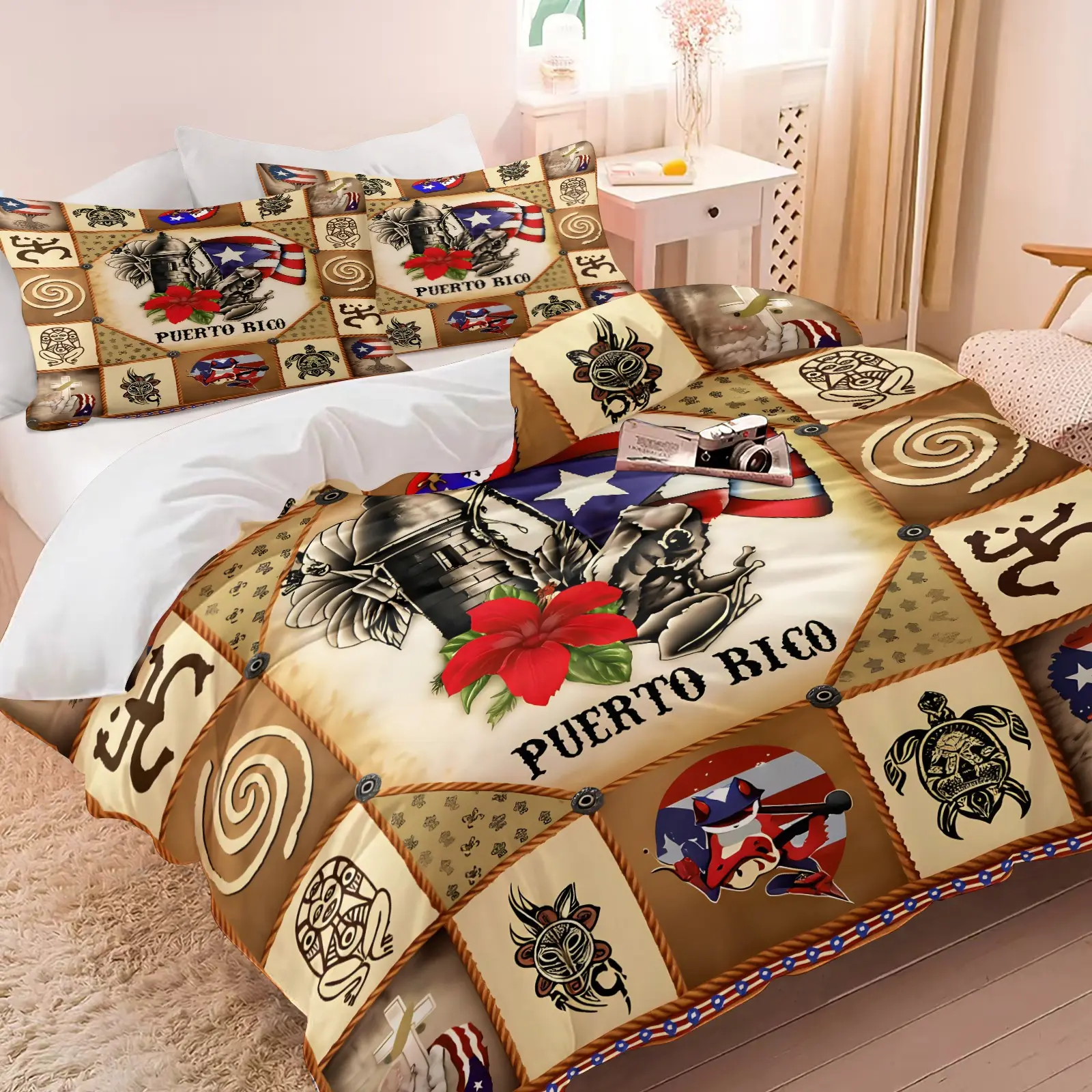 Vintage Puerto Rico Indigenous Culture Duvet Cover Set, Retro Patriotic Patchwork Bedding Set, 1 Duvet Cover & 1/2 Pillowcase No Filling, Ideal for Puerto Rican Adults Bedroom Guest Room Decor, All Season
