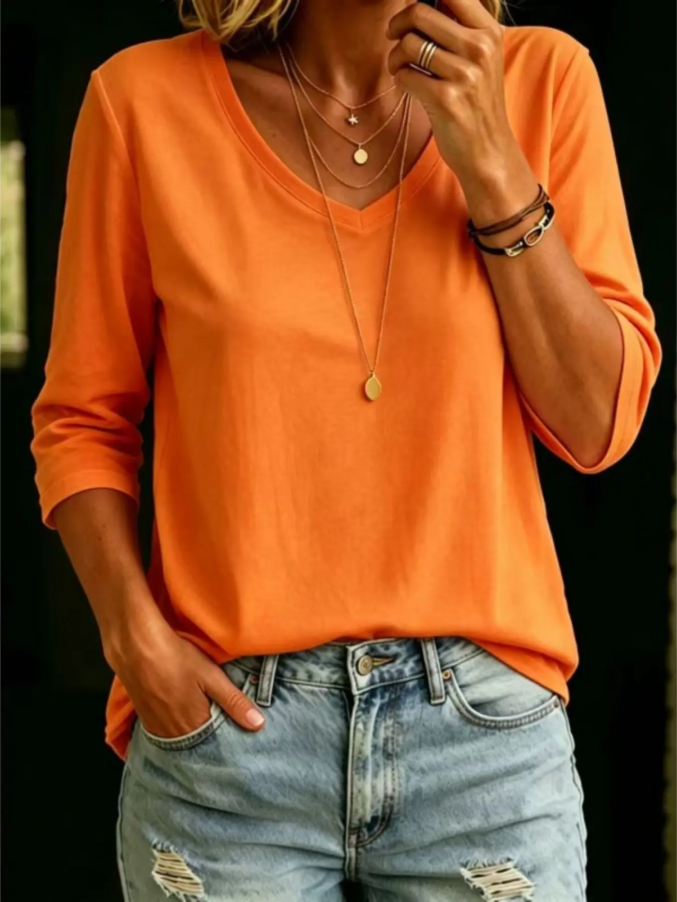 2026 New Arrival Women's Casual V-Neck Seven-Eighth Sleeve Loose Fit T-Shirt, Simple Color Design, Spring & Summer Fashion Top