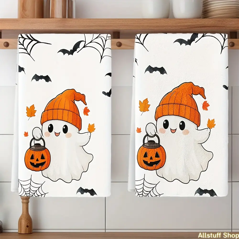 2pcs Cute Pumpkin Polyester Kitchen Towels Set - Decorative Rectangular Hand/Dish Cloths with Bats, Cobwebs, Smiling Ghosts, Spiders, Autumn Leaves for Halloween Fall Decor (Orange, TikTok)