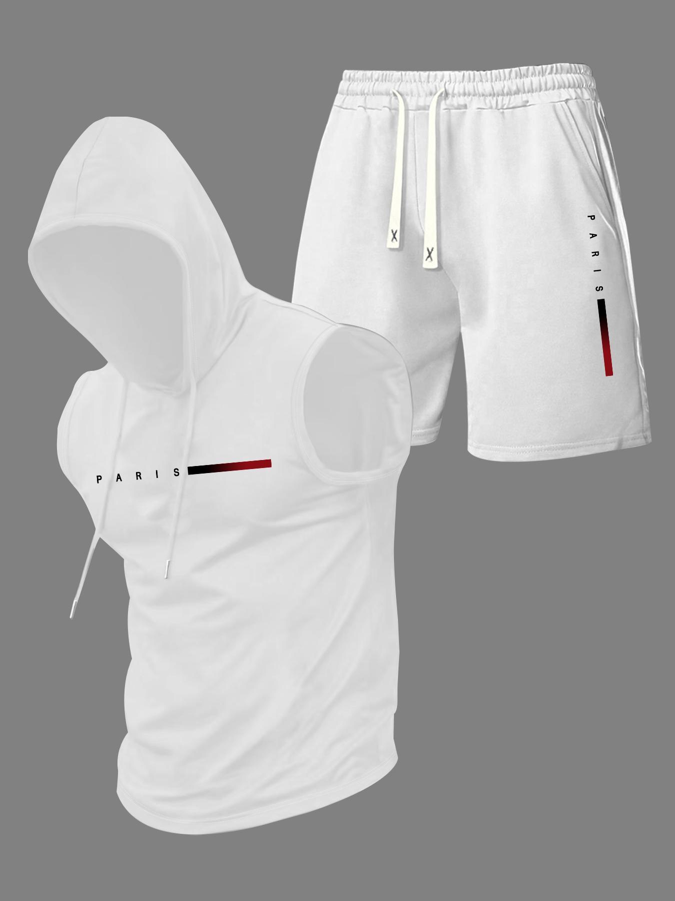 Two-Piece Set Men's Letter Print Hooded Vest & Drawstring Waist Shorts Set, Regular Fit Sleeveless Top & Track Shorts, Casual Summer Clothes Set for Outdoor Sports, Sports Clothing Set