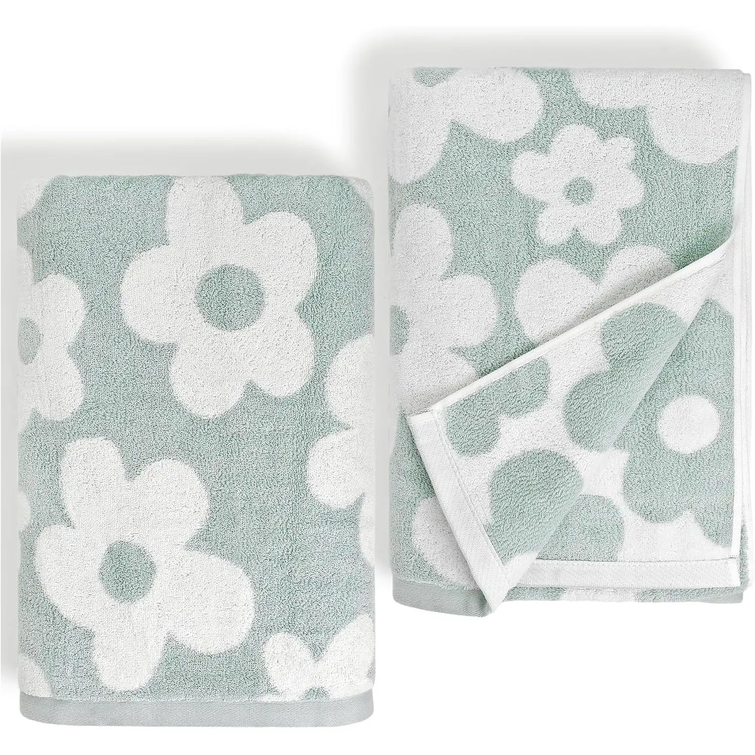Floral Cotton Bath Towels Set of 2, Light Seafoam, 27" x 55"
