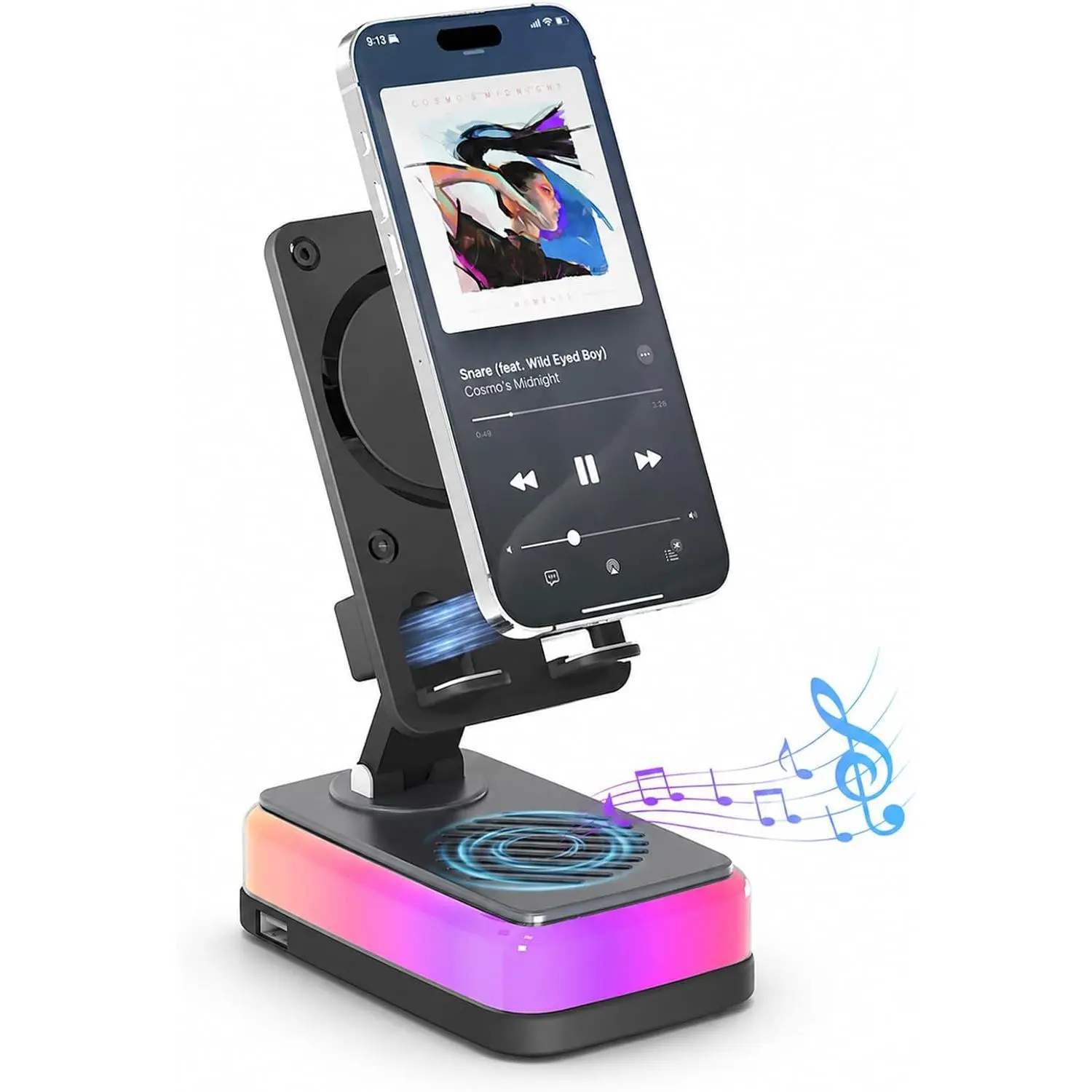 Tatiyana Wireless Induction Speaker, Bluetooth Speaker with Phone Stand | RGB light, 3000mAh rechargeable battery and foldable holder for iPhone, Android and iPad; gifts for men, women and teens