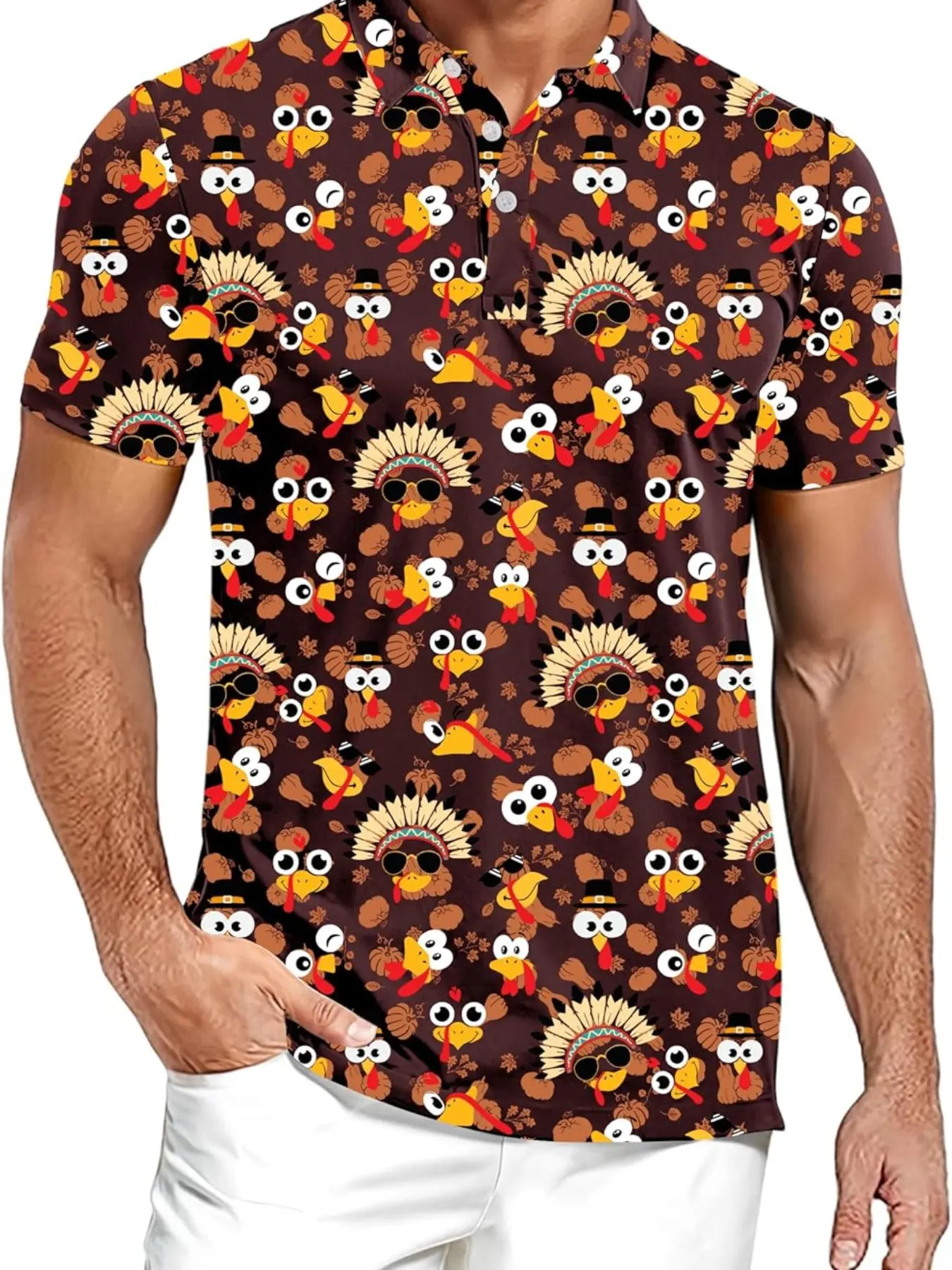 Men's Thanksgiving Theme Polo Shirt, Cartoon Turkey Pumpkin Pattern, Turn-Down Collar Three Button Short Sleeve, Breathable Festival Golf Top，Unisex (Recommended ordering one size up),polo shirt for men,deals of the day