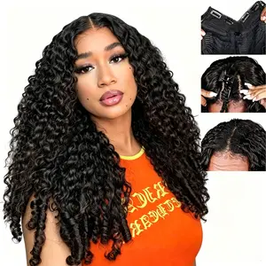 Unprocessed Virgin Human Hair Burmese Curly wig V Part Glueless Curly Wig 180% Density No Glue Needed Ready to Wear Natural Black for Black Women Glueless Installation