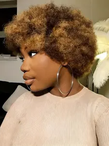 P427 Color Afro Kinky Curly Puff Human Hair Wigs With Bangs Short Pixie Cut Wigs Brazilian Virgin Remy Hair Full Machine Made Bob Wigs For Women