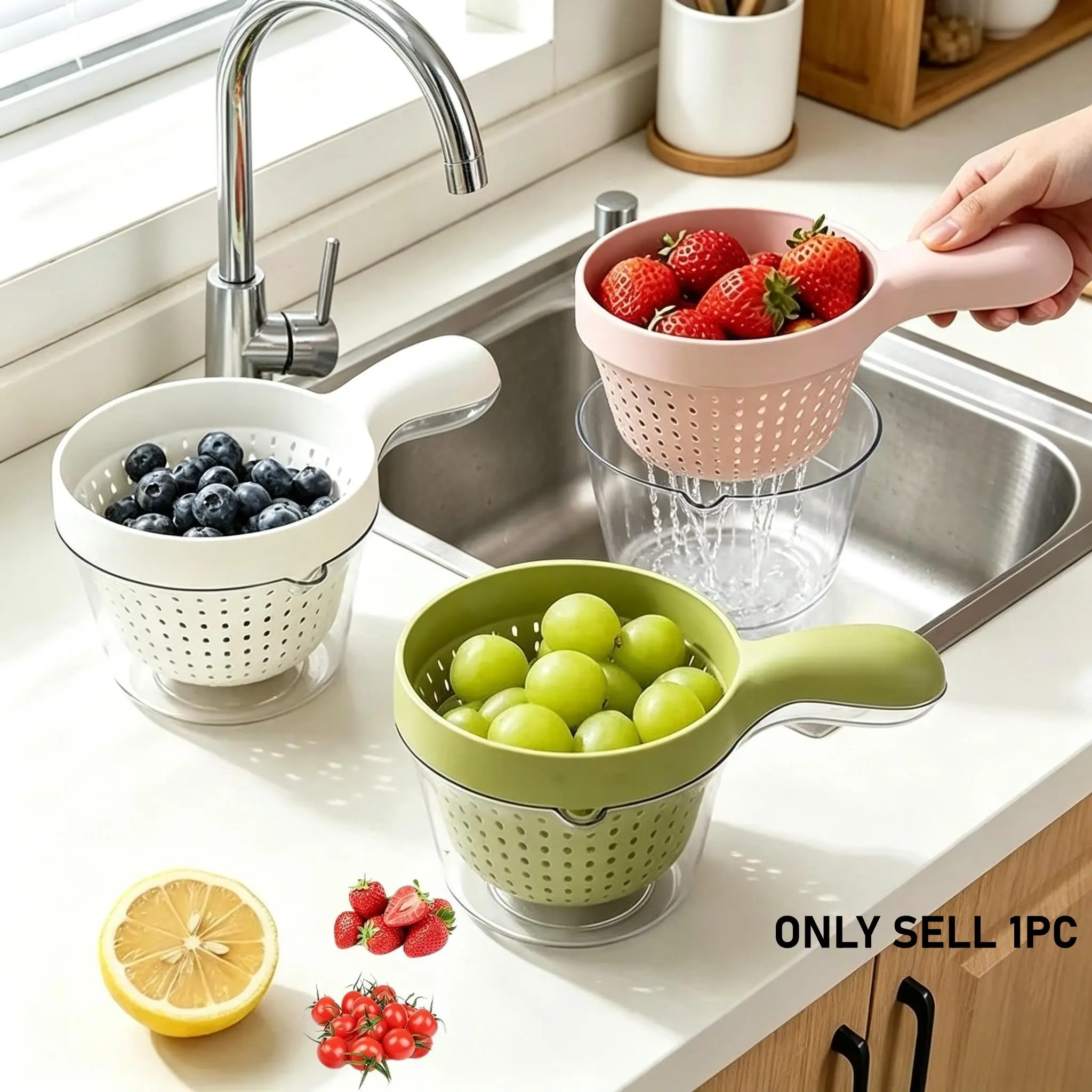 Dual-Layer Fruit & Vegetable Washing Basket with Multi Functional Strainer, Plastic Colander with Safety Lock & Handle, Hanging Draining Basket for Kitchen, Berry, Tomato