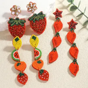 Bohemia Vintage Handmade Cute strawberry Lemon Orange Dangle Earrings For Women Red Color Rice Beads Summer Daily Jewelry Gift
