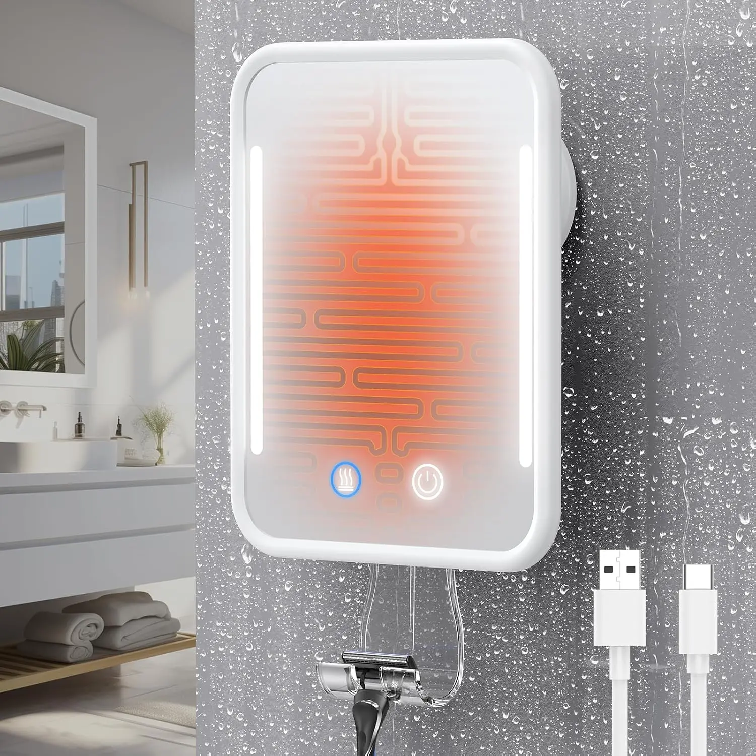 Heated Shower Mirror Fogless for Shaving with Light - White | 5000mAh Rechargeable , Detachable Suction Cup & Razor Holder for Wall, NO-Drilling, Removable,  for Bathroom