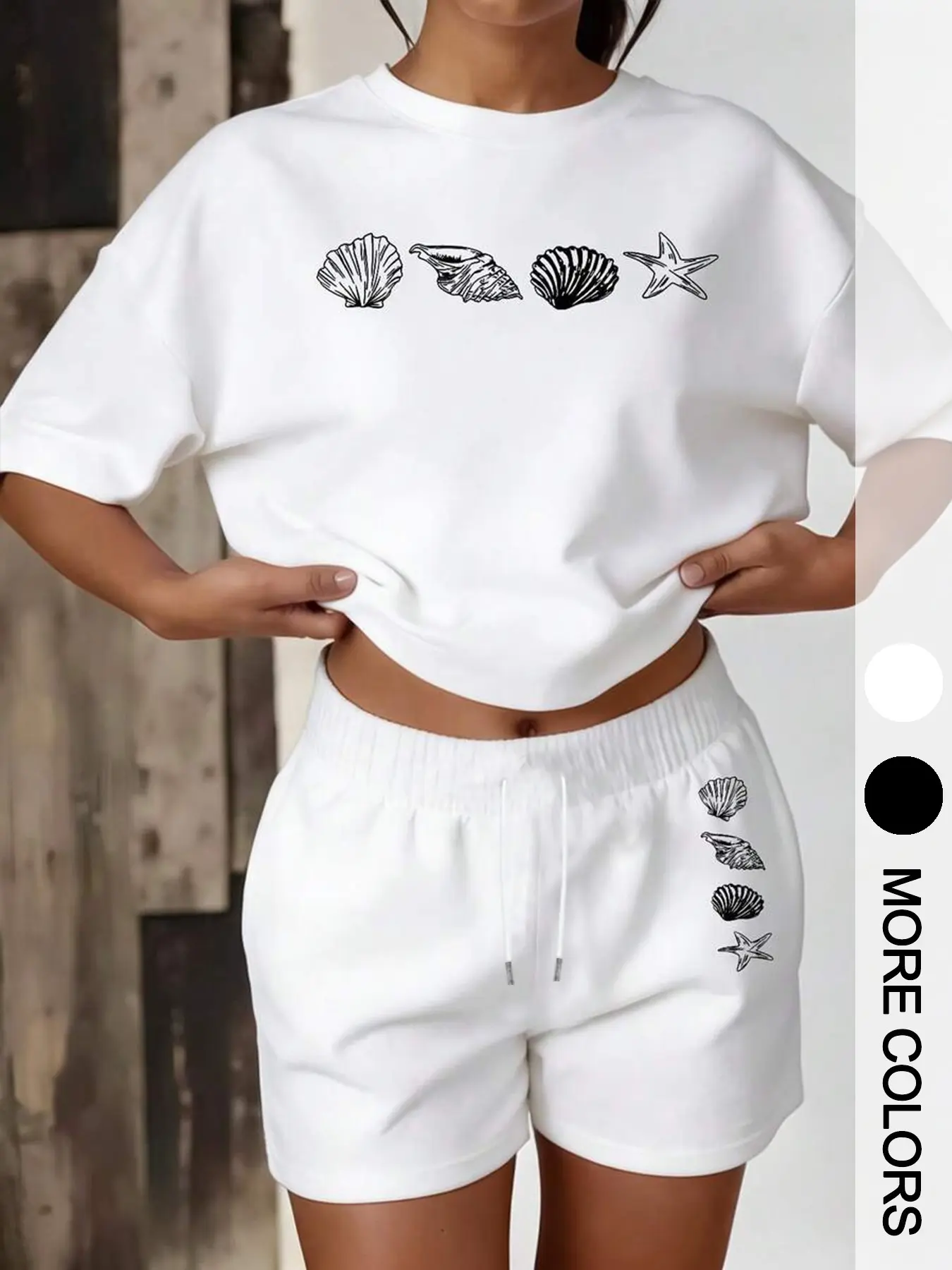 Women's Casual Shell Starfish Two-Piece Set, Loose-Fit Summer Beach, Soft Knitted Fabric, Round Neck, Drawstring Shorts