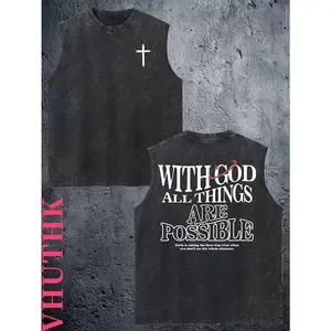 VHUTHK (240g Sleeveless Pure Cotton Washed Vest) 240g Spring/Summer Heavyweight Pure Cotton Washed Vest, Suitable For Daily Wear, Sleeveless Vest Printed With The Words' WITH GOD 'and Cross Double-Sided Printing