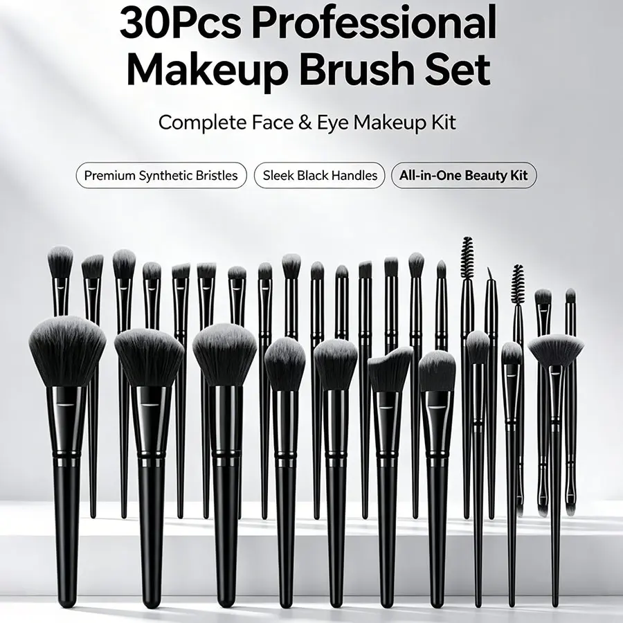 30-Piece Professional Makeup Brush Set, Soft Synthetic Bristles, Face and Eye Tools, Foundation, Blush, Eyeshadow, Concealer, Handle