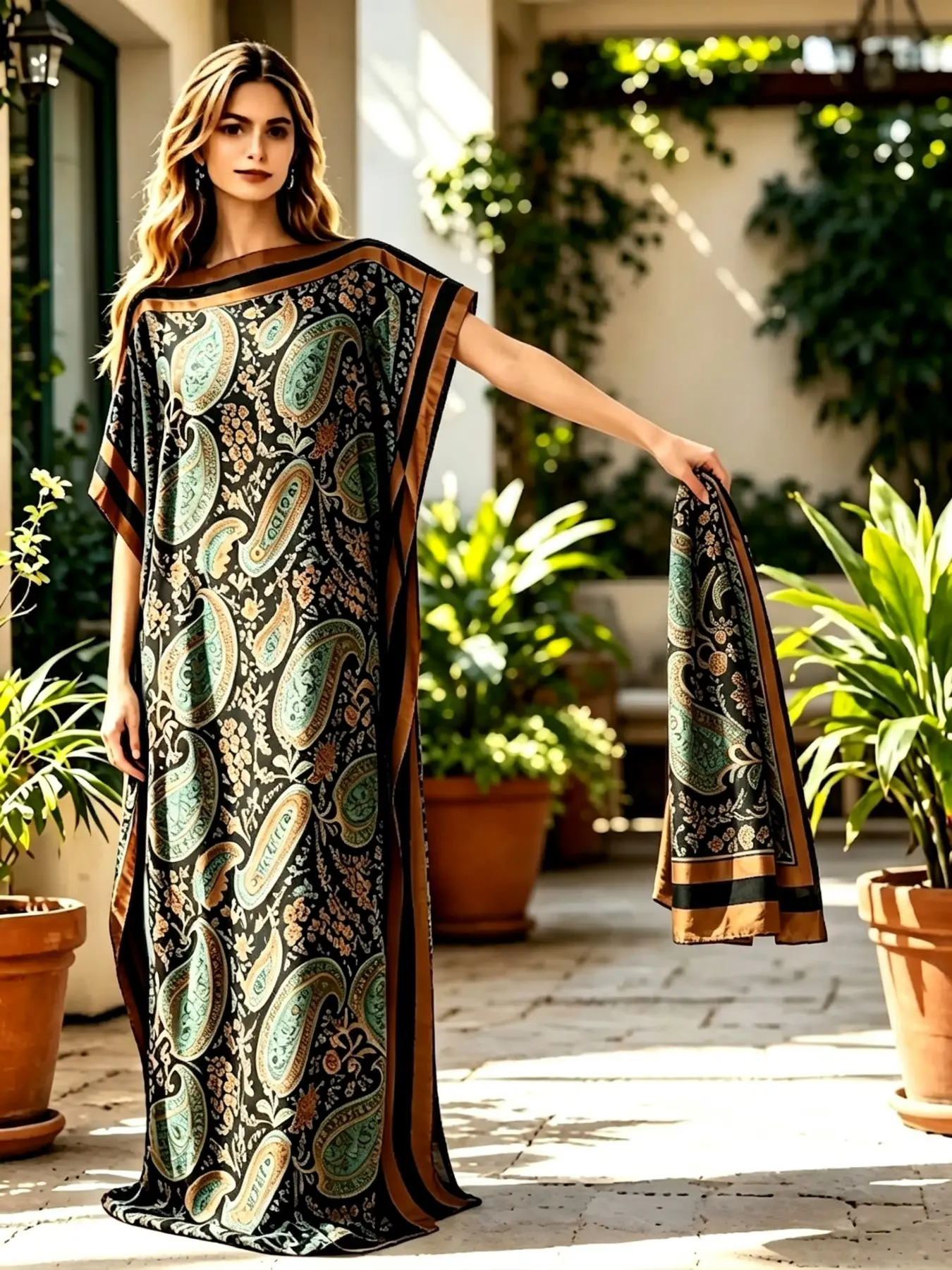 Plus Size Women's Two-Piece Kaftan Set, Base Retro Paisley Floral Print, Loose Fit Home Beach Vacation, Ethnic Print Kaftan