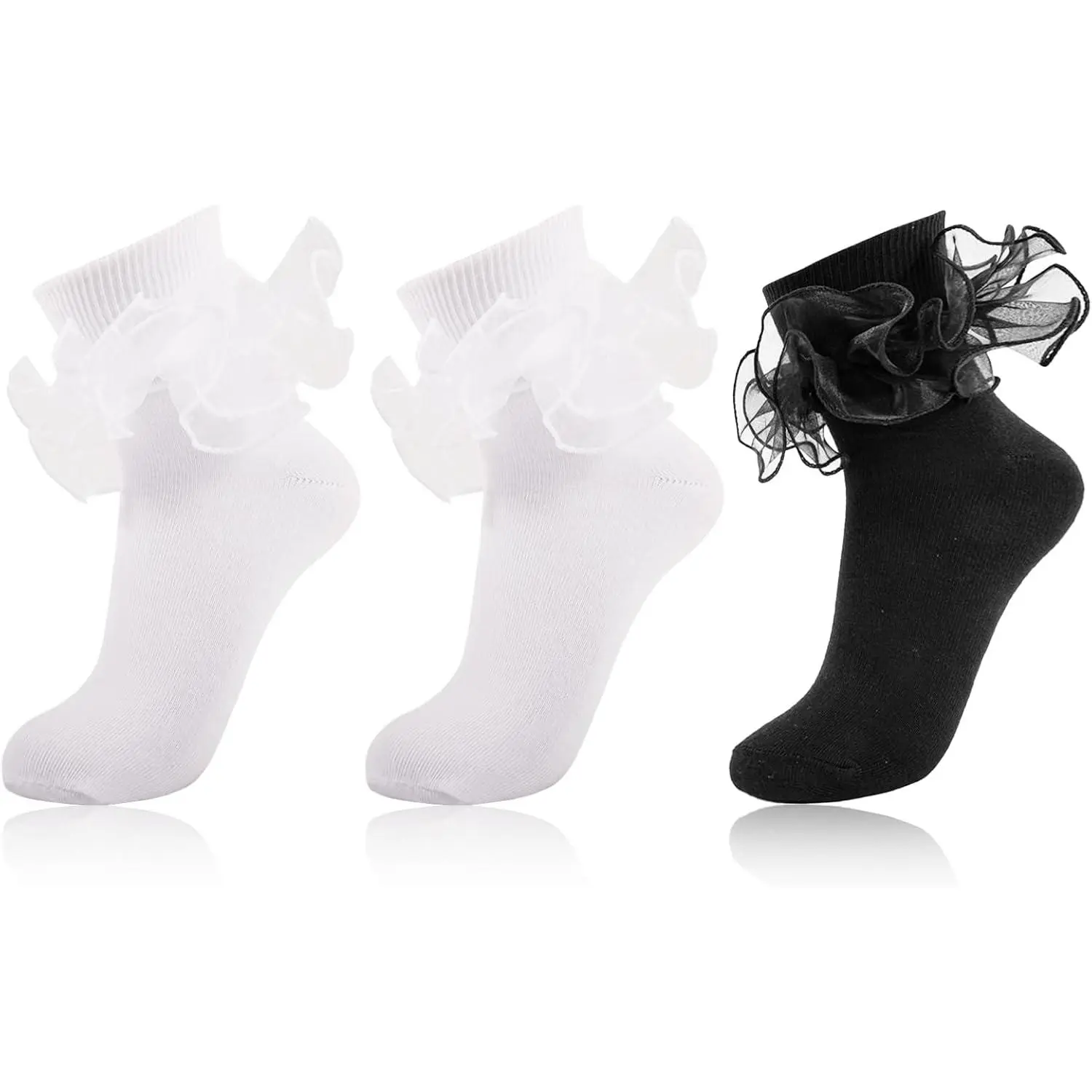 Womens Ruffle Socks Adult Double Lace Frilly Turn Cuff Dress Socks| Cute Cotton White Black Big Ruffled Ankle Socks for Ladies Big Girls Fancy Vintage 50s 80s Church Party Bobby Crew Socks