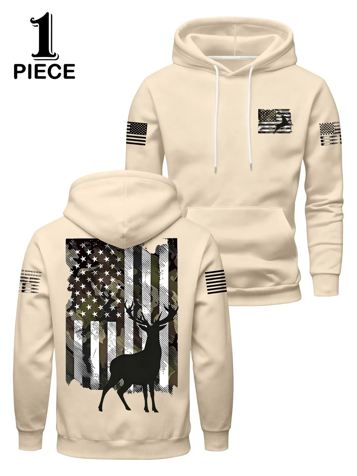 Men's Camo Usa Flag Deer Vintage Fall Winter Hooded Sweatshirt, Loose Fit Long Sleeve Casual Pullover, Outdoor Hunting Warm Top, Casual Streetwear Hoodie