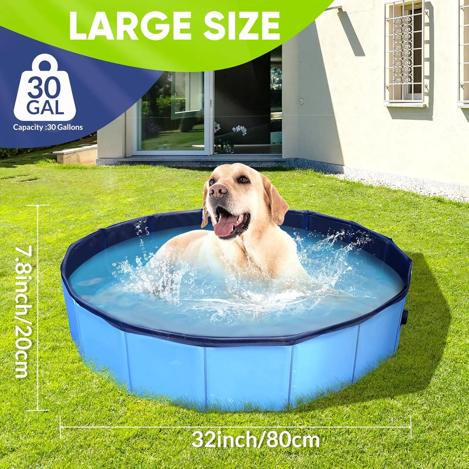Dog Pool, Foldable Pet Swimming Pool with 6mm High-Strength PP Board, Hard Plastic Collapsible Doggy Pools for Small Dogs Kitty Duck,Non-Slip Doggie Bathtub Quick to Set Up and Drainage Hole(32x8in),Outdoor,Interactive,Chewing,Ball