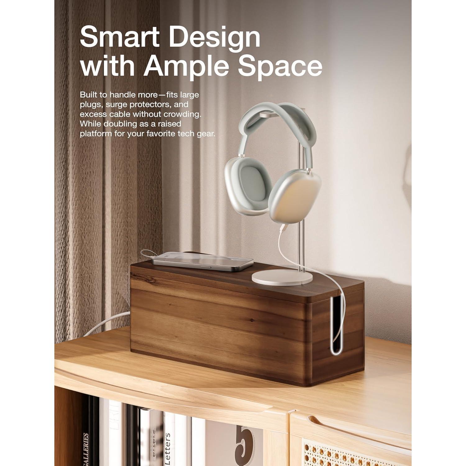 Acacia  Large  Management Box Round Edge - 16" L Wooden Power Strip Box, Surge Protector Box -  Hider Box for Office, Living Room - 2 Open Slots,  Lid (Walnut Color)