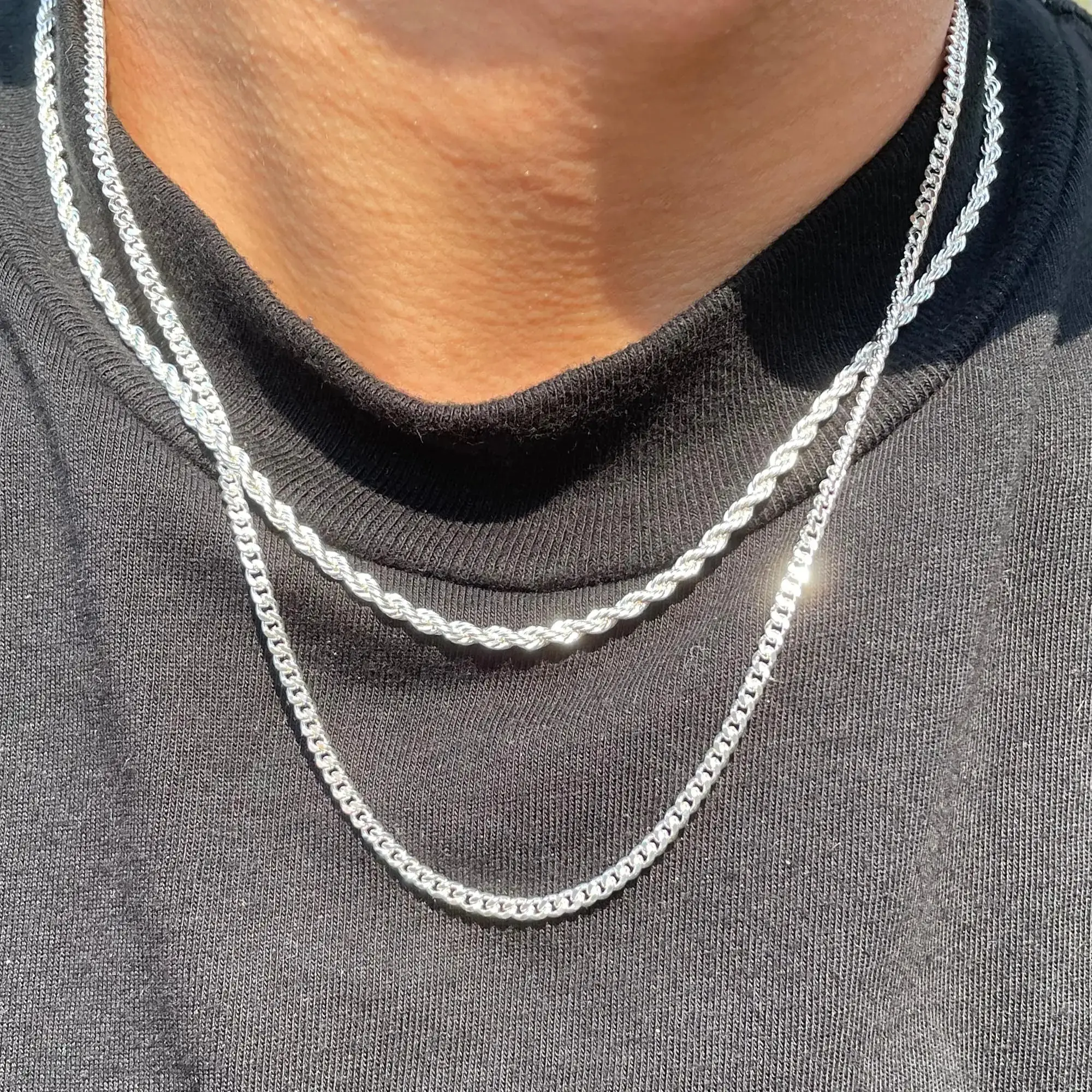 Men's 2-Piece 3mm Layered Cuban Link & Rope Chain Necklaces Set, Silver Trendy Summer Vibes Jewelry, 2 piece sets for Boyfriend Anniversary & Birthday Gifting, Gifts For Boyfriend