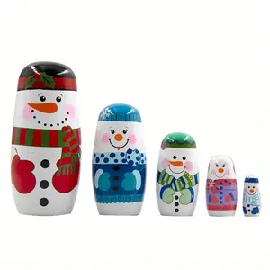 5-layer Russian Nesting Dolls Handmade Wooden Snowman Nesting Dolls Set for Christmas Birthday Gift
