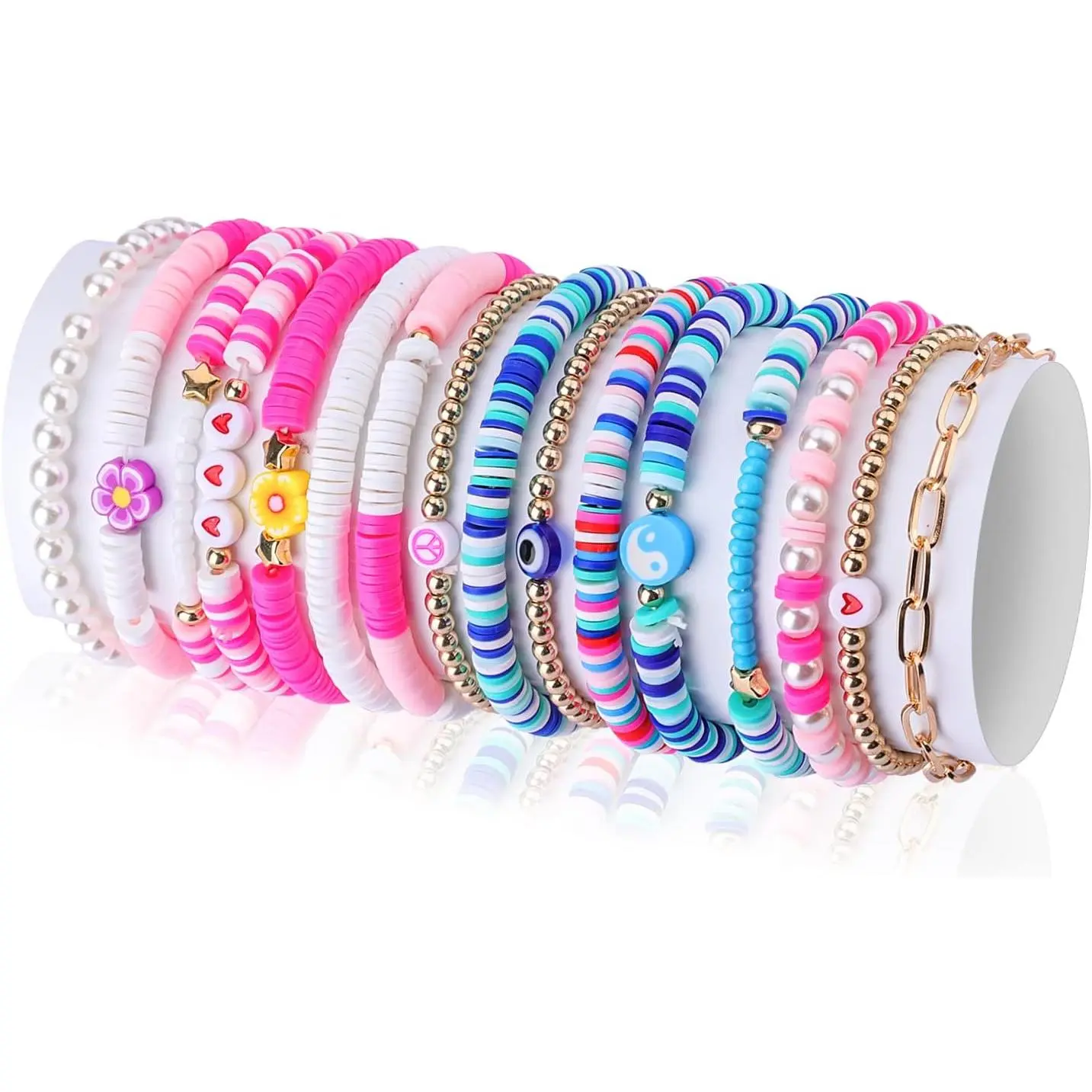 16 count Bohemian Bracelet,  Rainbow Bracelets Preppy Boho Disc Bracelet Stretch Heishi Beads for Women Summer Beach
