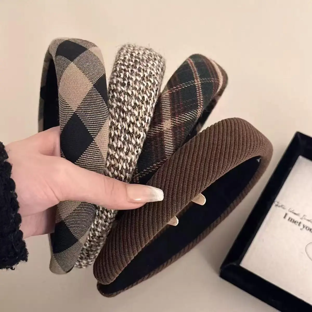 Vintage Plaid Corduroy Wide Padded Headband Soft Woven Fabric Hair Hoop Women Fall Winter Commute Hair Accessory, Ergonomic, Dark Check, Diamond Plaid, Female