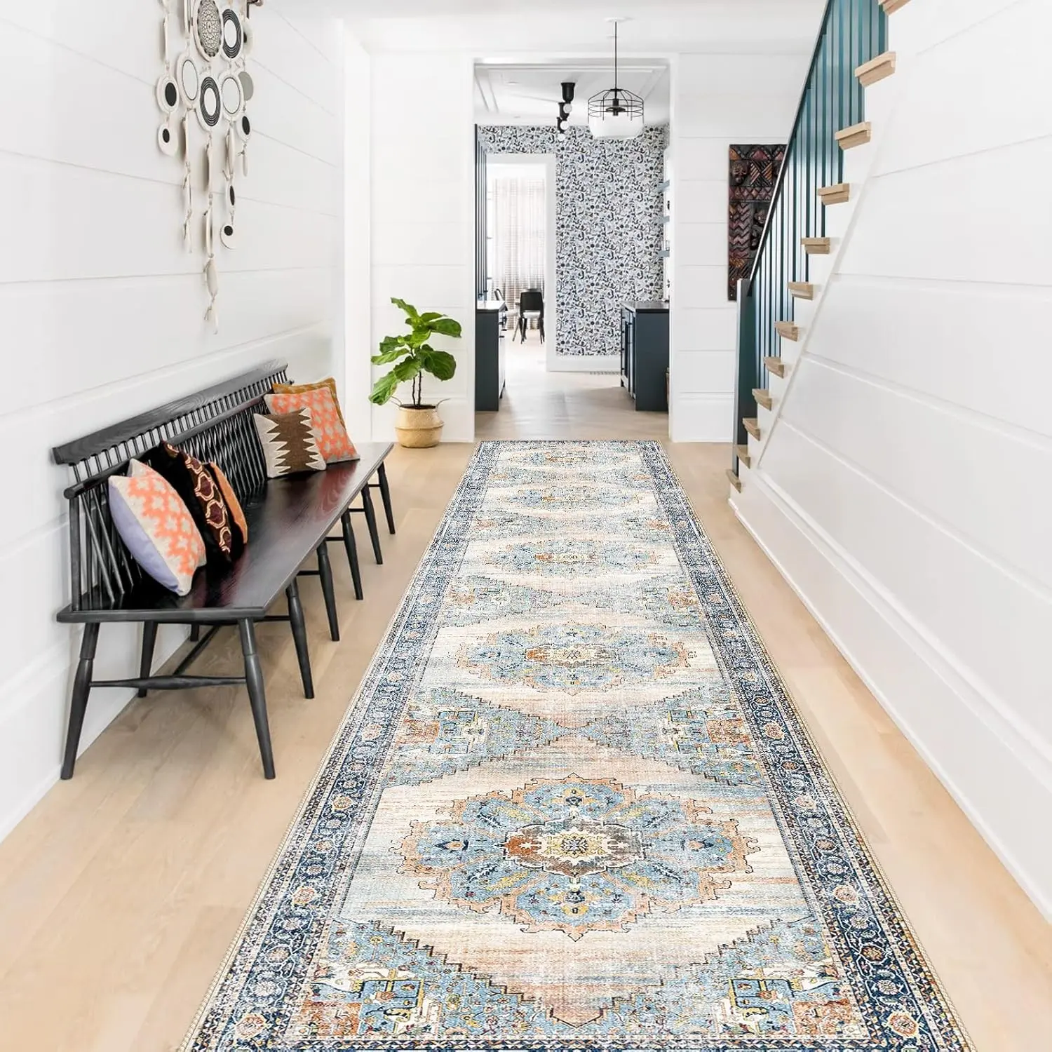 Polyester Vintage Distressed Hallway Runner Rug - 2x12 Non-Skid Waterproof Washable High-Traffic Carpet for Kitchen, Bathroom Home Supplies
