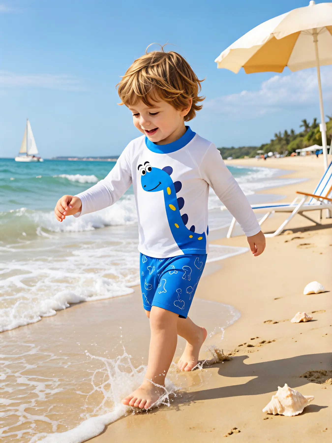 A Best-Selling Children's Item: Adorable Dinosaur Drop-Shoulder Long-Sleeve Swimsuit Set—Breathable, Slightly Stretchy, and UPF-Rated. Perfect for Outdoor Beach Play and Swimming. European and American-Style Fun Children's Swimwear