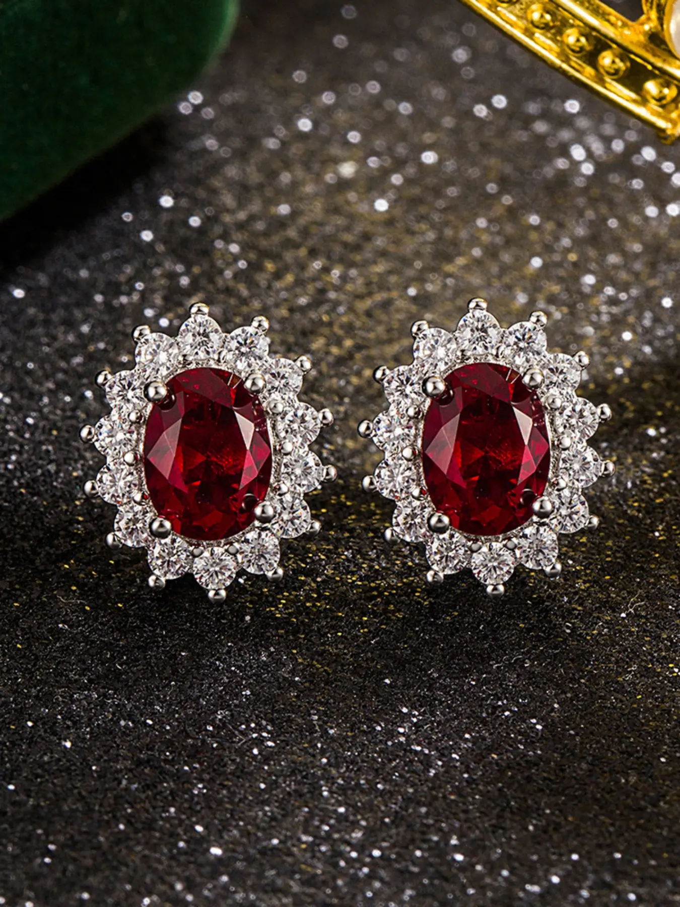 1 pair Silver - Tone Copper Oval - Cut Ruby - Like CZ Halo Stud Earrings: Timeless Glam Radiance for Evening Galas, Wedding Elegance & Daily Chic