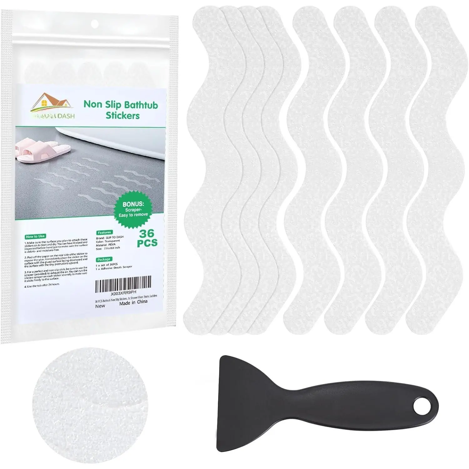 36 count Bathtub Non  Stickers, Anti  Shower Stickers, Shower Non  Stickers with Scraper for Bath Tub, Shower Floor, Stairs, Ladders