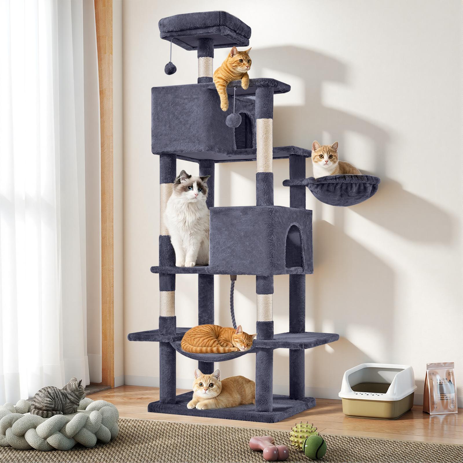 66 Inch Large Cat Tree Tower for Multiple Cats with 2 Condos 3 Perches Hammock Pompoms Extra Wide Platform Indoor Cat Activity Center