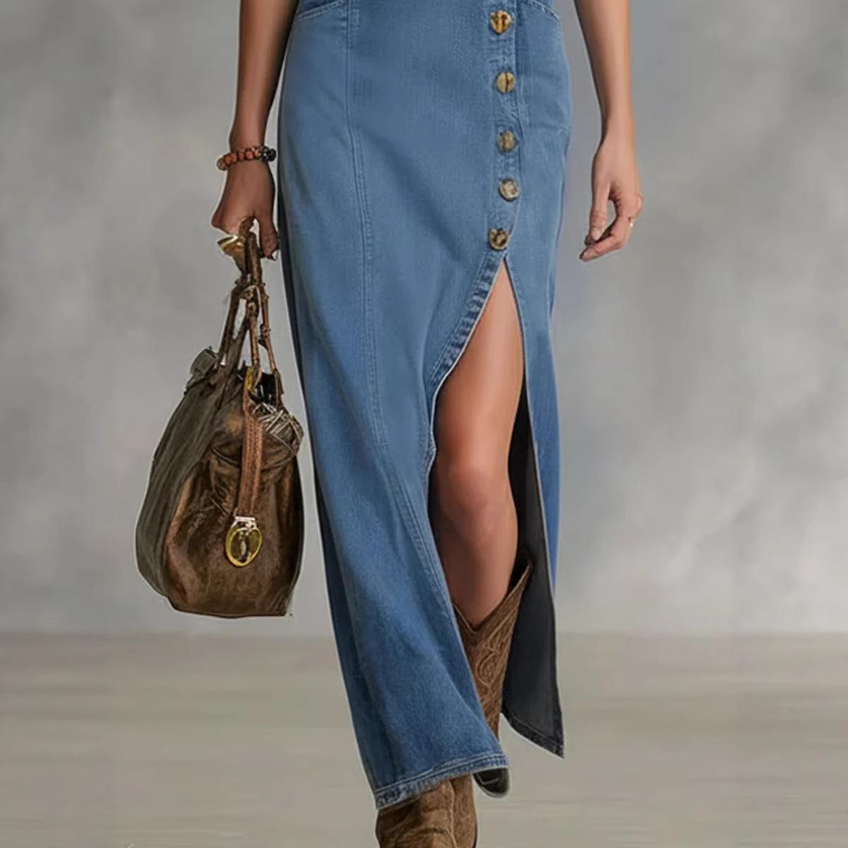 2026 Retro Sleeveless Denim Maxi Dress |   V-Neck Button High Slit Bodycon Dress |   Effortless Casual Outfit for Women # DenimDress # MaxiDress # Sleeveless # HighSlit # ButtonDetail # WithPockets # WesternStyle # Outfit of the Day # WomensFashion
