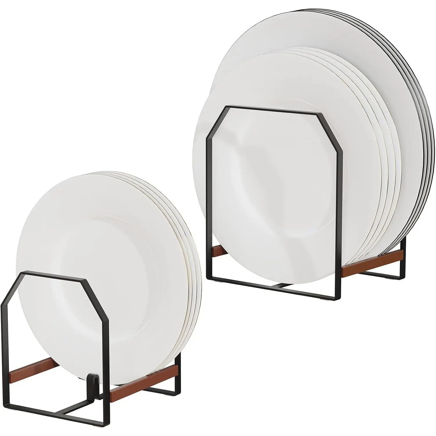 2 Pack Kitchen Plate Organizer with Large & Small Holders, Metal Dish Racks for Compact Homes and Cabinets, Black (1 Large + 1 Small)